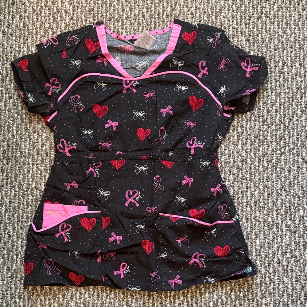 Black and Pink Heart Patterned Women's Scrub Top